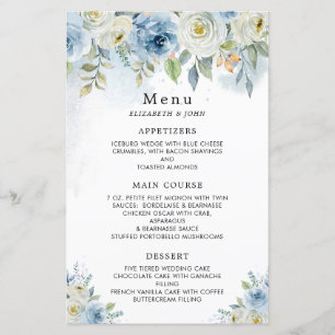 Dusty Blue Watercolor Flowers Wedding Menu