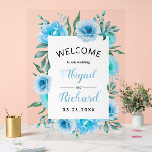 Dusty blue watercolor flowers wedding welcome acrylic sign