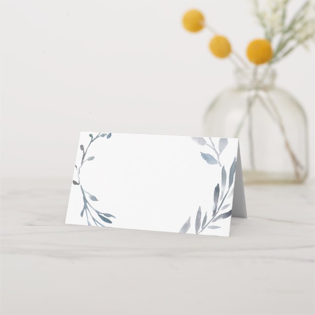 dusty blue watercolor foliage wreath place card (Front)