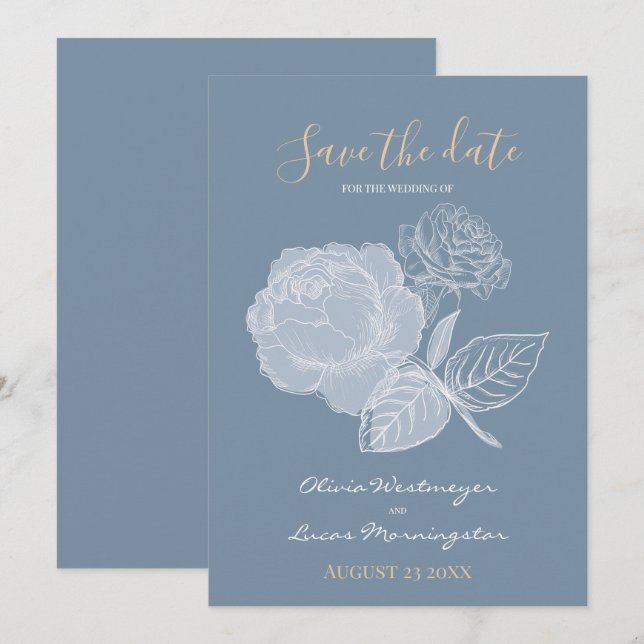 Dusty Blue Watercolor Gilded Rose  Save the Date Invitation (Front/Back)