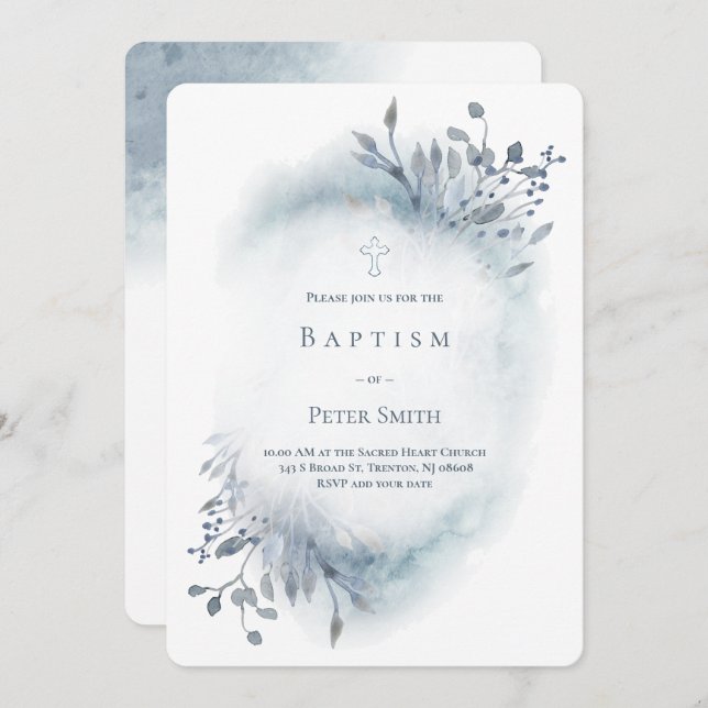 dusty blue watercolor greenery baptism baby boy invitation (Front/Back)