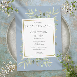 Dusty Blue Watercolor Greenery Bridal Tea Party Invitation