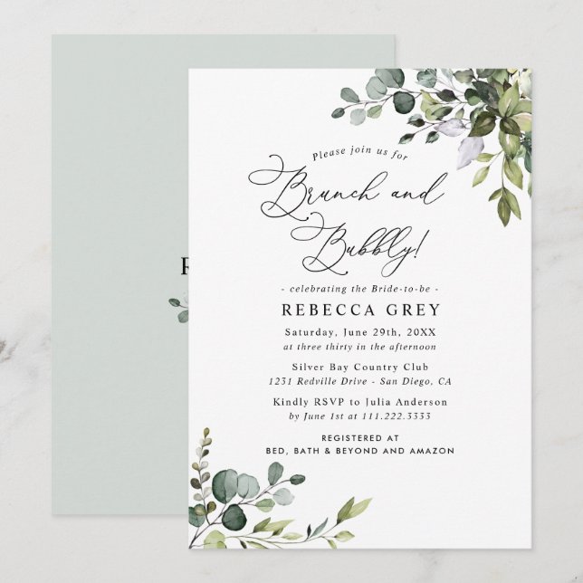 Dusty Blue Watercolor Greenery Brunch & Bubbly Invitation (Front/Back)