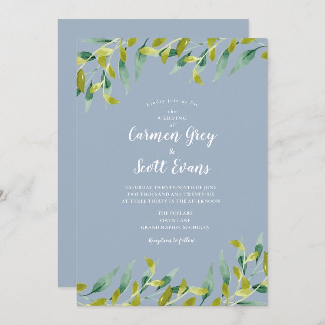 Dusty Blue Watercolor Greenery Eucalyptus Wedding Invitation (Front/Back)