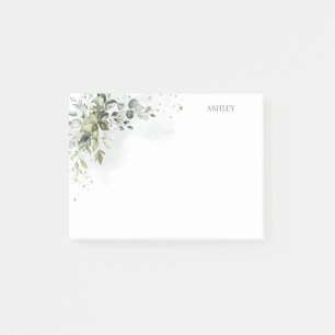 Dusty Blue Watercolor Greenery Name Monogram Post-it Notes