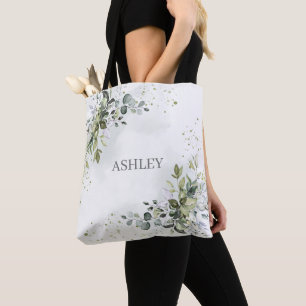 Dusty Blue Watercolor Greenery Name Monogram Tote Bag