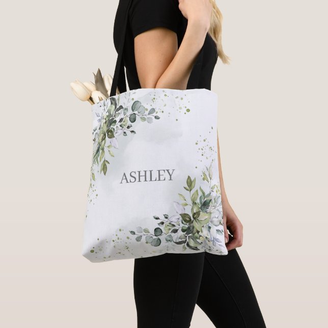 Dusty Blue Watercolor Greenery Name Monogram Tote Bag (Close Up)