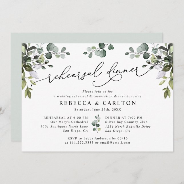 Dusty Blue Watercolor Greenery Rehearsal Dinner Invitation (Front/Back)