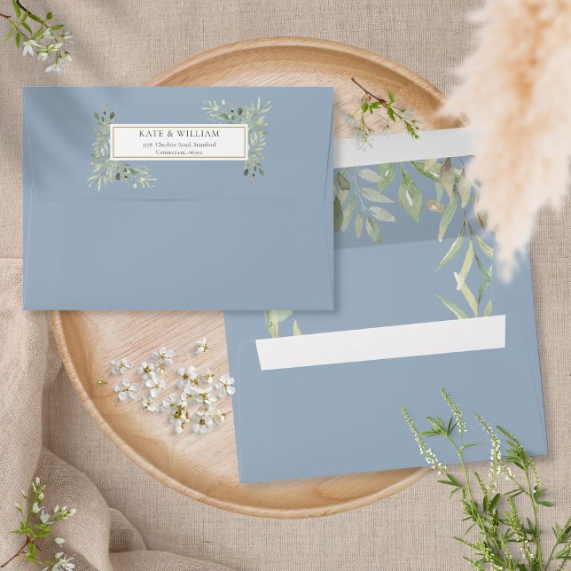 Dusty Blue Watercolor Greenery Wedding Envelope (Creator Uploaded)