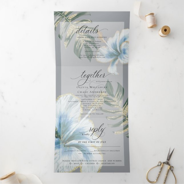 Dusty Blue Watercolor Hibiscus Foliage Wedding Tri-Fold Invitation (Inside)