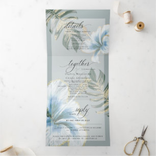 Dusty Blue Watercolor Hibiscus Foliage Wedding Tri Tri-Fold Invitation