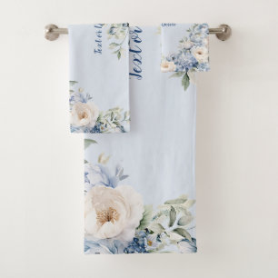 Dusty Blue Watercolor Ivory Flowers Leaves Bath Towel Set