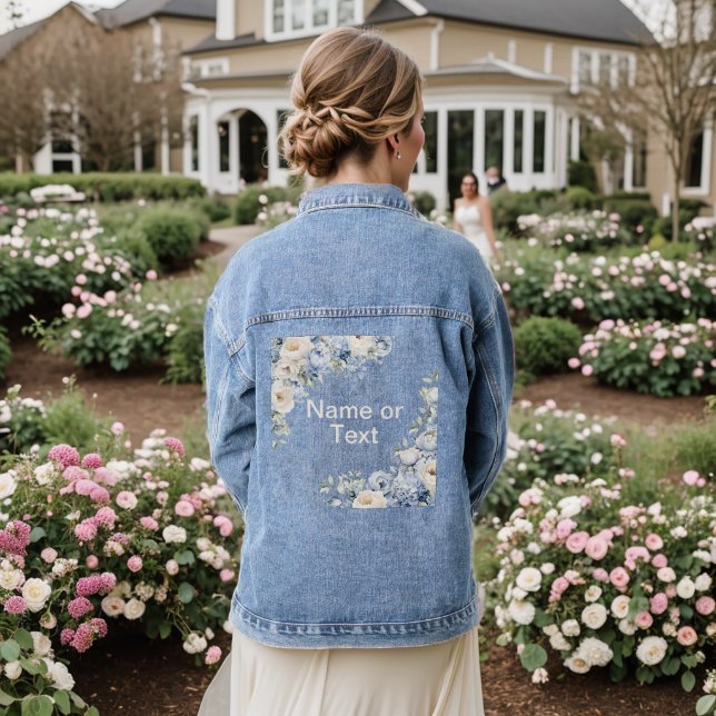 Dusty Blue Watercolor Ivory Flowers Leaves Denim Jacket (Wedding Back)