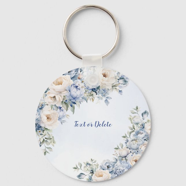 Dusty Blue Watercolor Ivory Flowers Leaves Key Ring (Front)