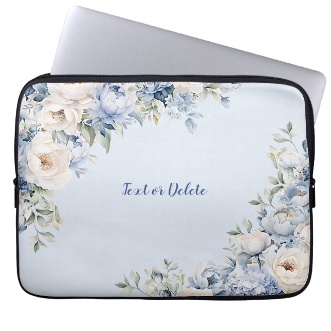 Dusty Blue Watercolor Ivory Flowers Leaves Laptop Sleeve (Front)