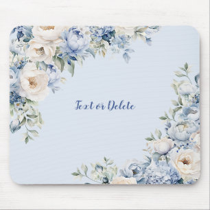Dusty Blue Watercolor Ivory Flowers Leaves Mouse Mat