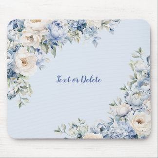 Dusty Blue Watercolor Ivory Flowers Leaves Mouse Mat