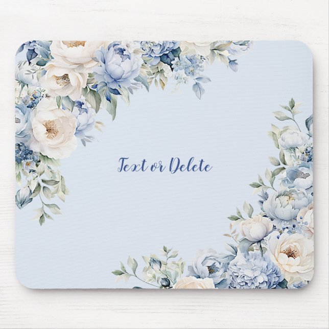Dusty Blue Watercolor Ivory Flowers Leaves Mouse Mat (Front)