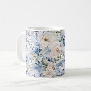 Dusty Blue Watercolor Ivory Flowers Leaves Rustic Coffee Mug