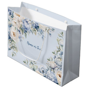 Dusty Blue Watercolor Ivory Flowers Leaves Rustic Large Gift Bag