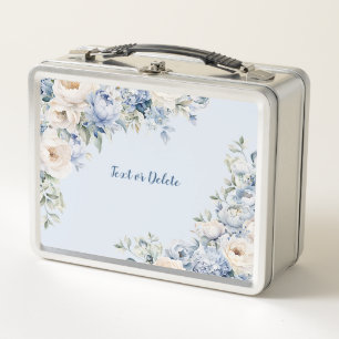 Dusty Blue Watercolor Ivory Flowers Leaves Rustic Metal Lunch Box