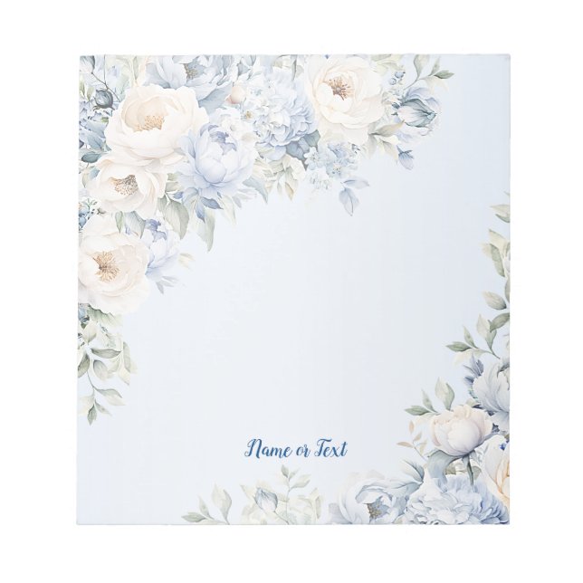 Dusty Blue Watercolor Ivory Flowers Leaves Rustic Notepad (Front)