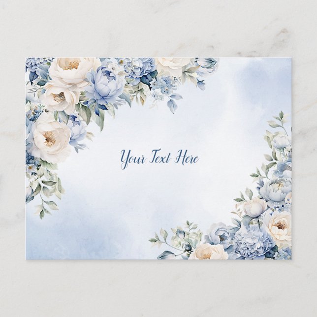 Dusty Blue Watercolor Ivory Flowers Leaves Rustic Postcard (Front)