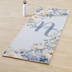Dusty Blue Watercolor Ivory Flowers Leaves Rustic Yoga Mat