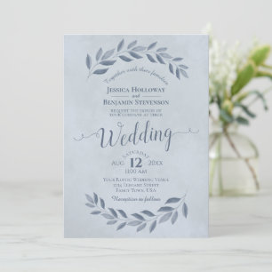 Dusty Blue Watercolor Laurel Leaves Wedding Invitation