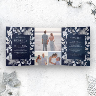 Dusty Blue Watercolor Leaves Winter Navy Wedding Tri-Fold Invitation
