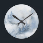 Dusty Blue Watercolor Misty Abstract Forest  Round Clock<br><div class="desc">Cool watercolor dusty blue rustic forest painting</div>