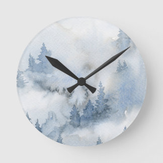 Dusty Blue Watercolor Misty Abstract Forest Round Clock