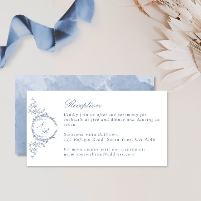 Dusty Blue Watercolor Monogram Wedding Reception Enclosure Card (Creator Uploaded)