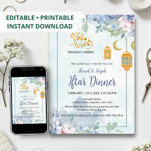 Dusty Blue Watercolor Mosque Floral Iftar Invitation