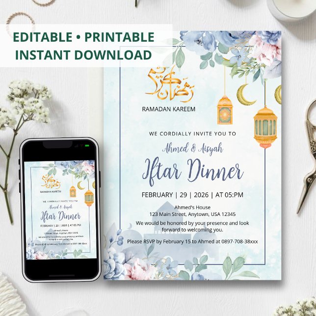 Dusty Blue Watercolor Mosque Floral Iftar Invitation (Creator Uploaded)