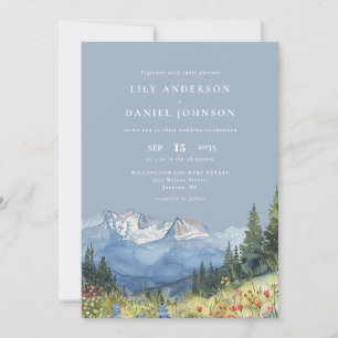 Dusty Blue Watercolor Mountain QR Code Wedding Invitation