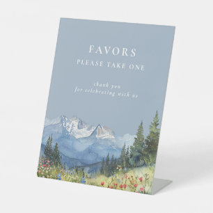 Dusty Blue Watercolor Mountain Wedding Favours Pedestal Sign