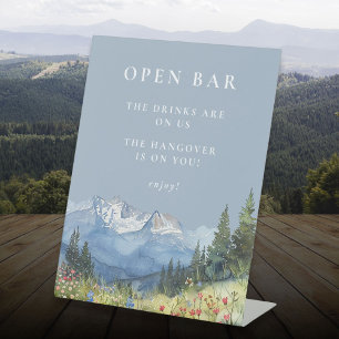 Dusty Blue Watercolor Mountain Wedding Open Bar Pedestal Sign