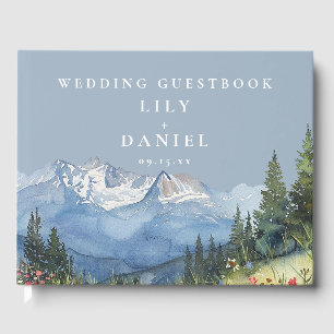 Dusty Blue Watercolor Mountain Wedding Photo Guest Book