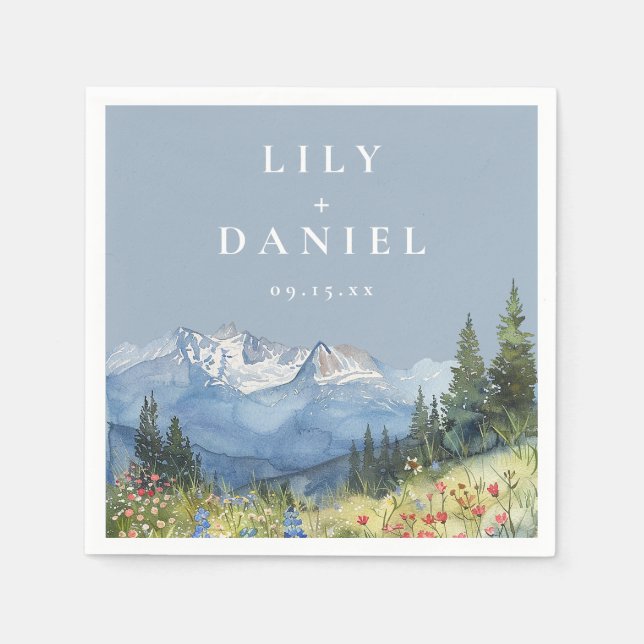 Dusty Blue Watercolor Mountain Wildflower Wedding Napkin (Front)