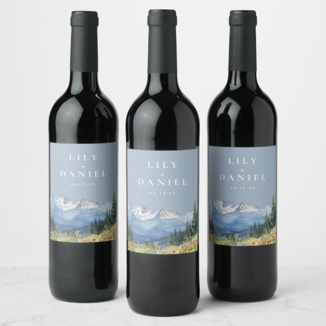 Dusty Blue Watercolor Mountain Wildflower Wedding Wine Label (Bottles)