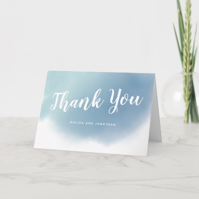 Dusty Blue Watercolor Ombre Wedding Thank You Card (Front)