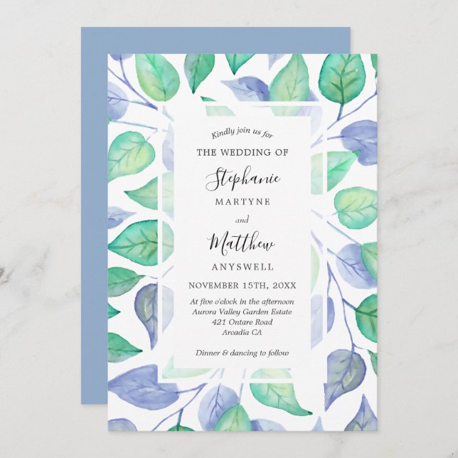 Dusty Blue Watercolor Painted Foliage Wedding Invitation (Front/Back)
