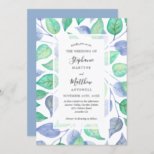 Dusty Blue Watercolor Painted Foliage Wedding Invitation