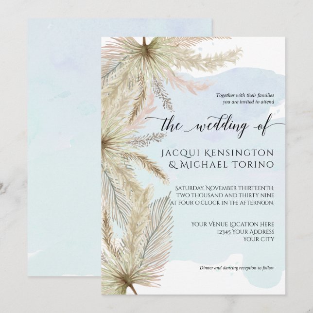 Dusty Blue Watercolor Pampas Grass Palm Greenery Invitation (Front/Back)