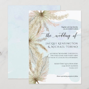 Dusty Blue Watercolor Pampas Grass Palm Greenery Invitation
