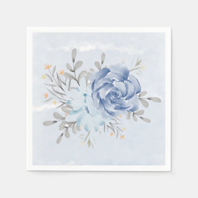 Dusty Blue Watercolor Peonies Wedding Napkin (Front)