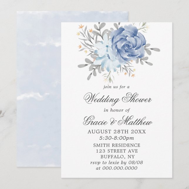 Dusty Blue Watercolor Peony Wedding Shower Invites (Front/Back)
