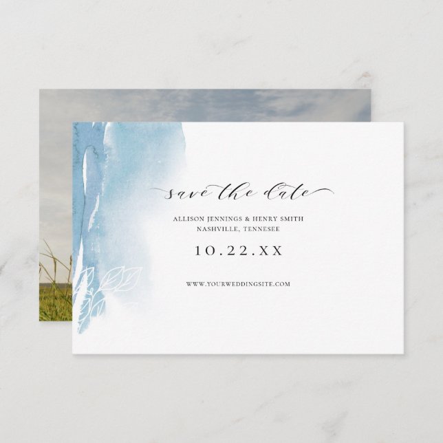 Dusty Blue Watercolor Photo Save the Date  (Front/Back)