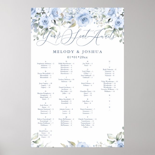 Dusty Blue Watercolor Roses Alpha Seating Chart (Front)